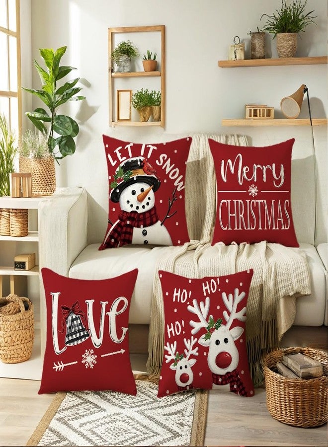 أغطية وسائد عيد الميلاد من PWMENLK، مقاس 18x18، طقم من 4 قطع - أغطية وسائد حمراء مزينة بزخارف العطلات، مناسبة للأريكة والشرفة، ديكور شتوي داخلي وخارجي، بنقوش احتفالية من ندفة الثلج والغزال وشجرة عيد الميلاد. - Image 2